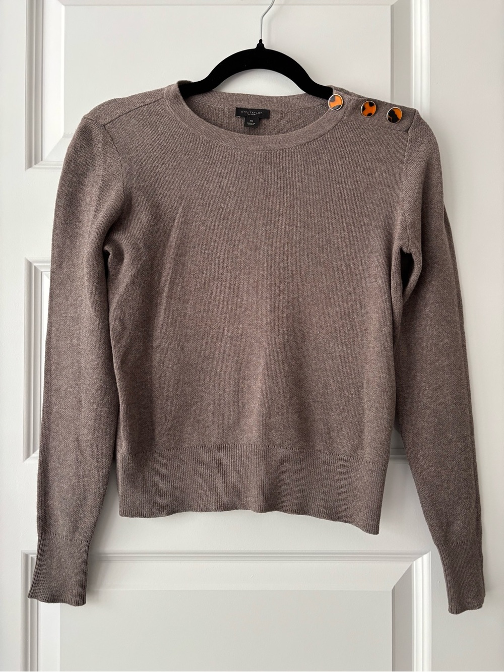 Ann Taylor Factory Cotton Crewneck Sweater Taupe with Shoulder Buttons Size XS